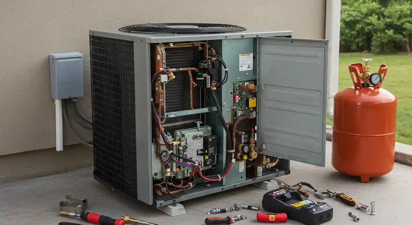 A heat pump unit, grey and rectangular, is shown from a low, eye-level perspective outdoors. Its side panel is open, revealing the intricate internal components: copper tubing, wires, and circuit boards. The unit rests on concrete blocks on a paved surface next to a light-colored wall, with a grey electrical box attached to the wall on the left.