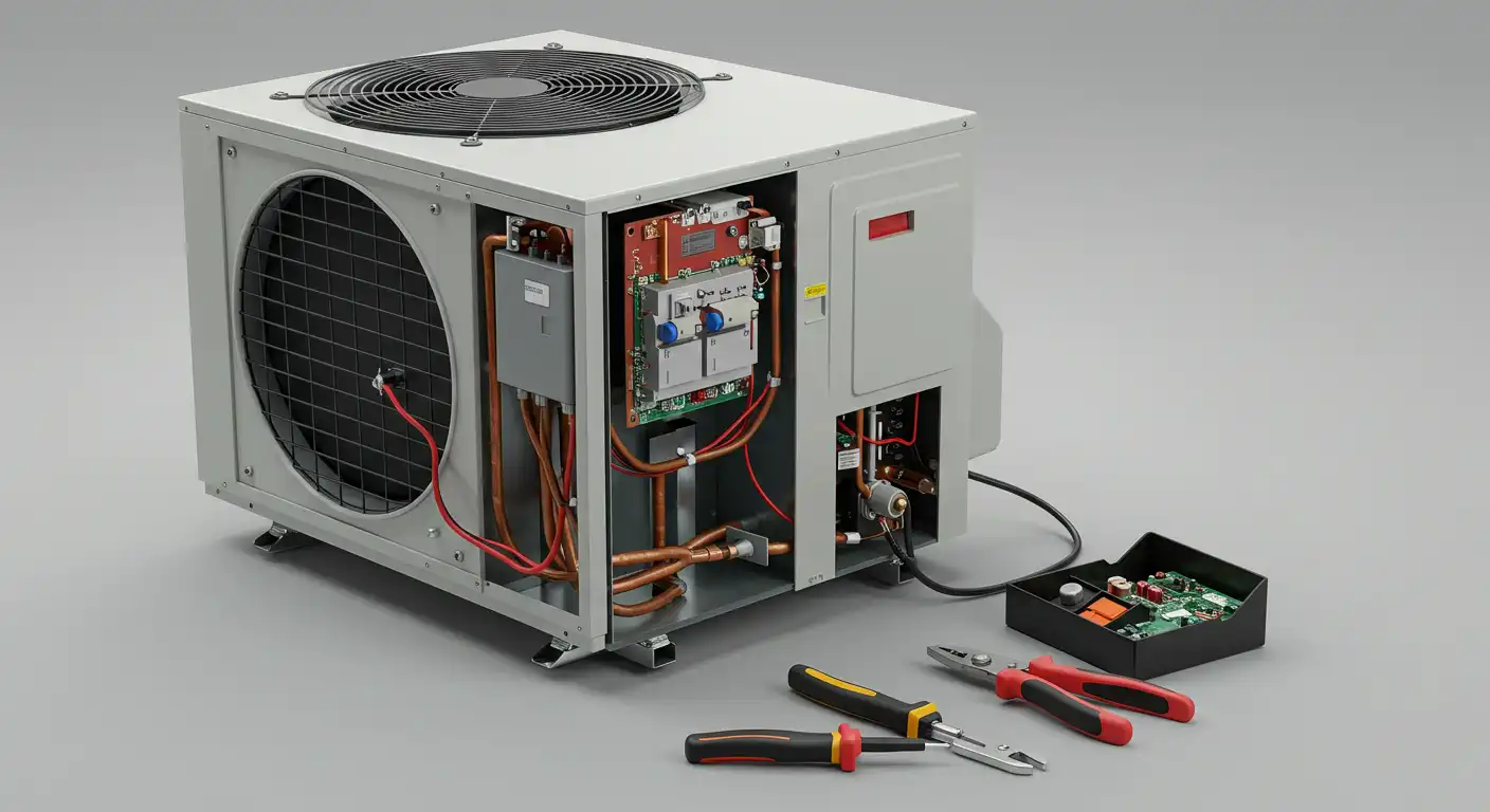 A disassembled air conditioning unit/heat pump unit showcasing internal components, with tools like pliers and screwdrivers nearby for repairs.