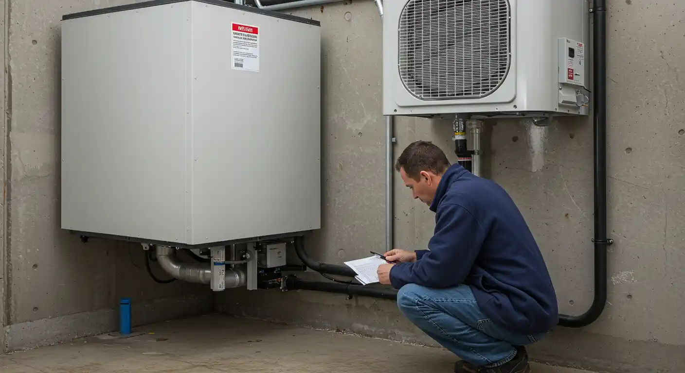 A technician inspects a white heating unit and outdoor condenser, taking notes and squatting beside piping against a concrete wall.