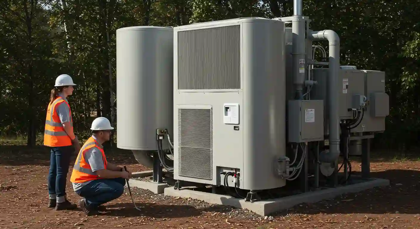 A wide outdoor shot captures two individuals, wearing hard hats and safety vests, inspecting a large, industrial-scale heat pump system. The system consists of multiple large, light-grey cylindrical and rectangular units with grilles, interconnected by various pipes and conduits.