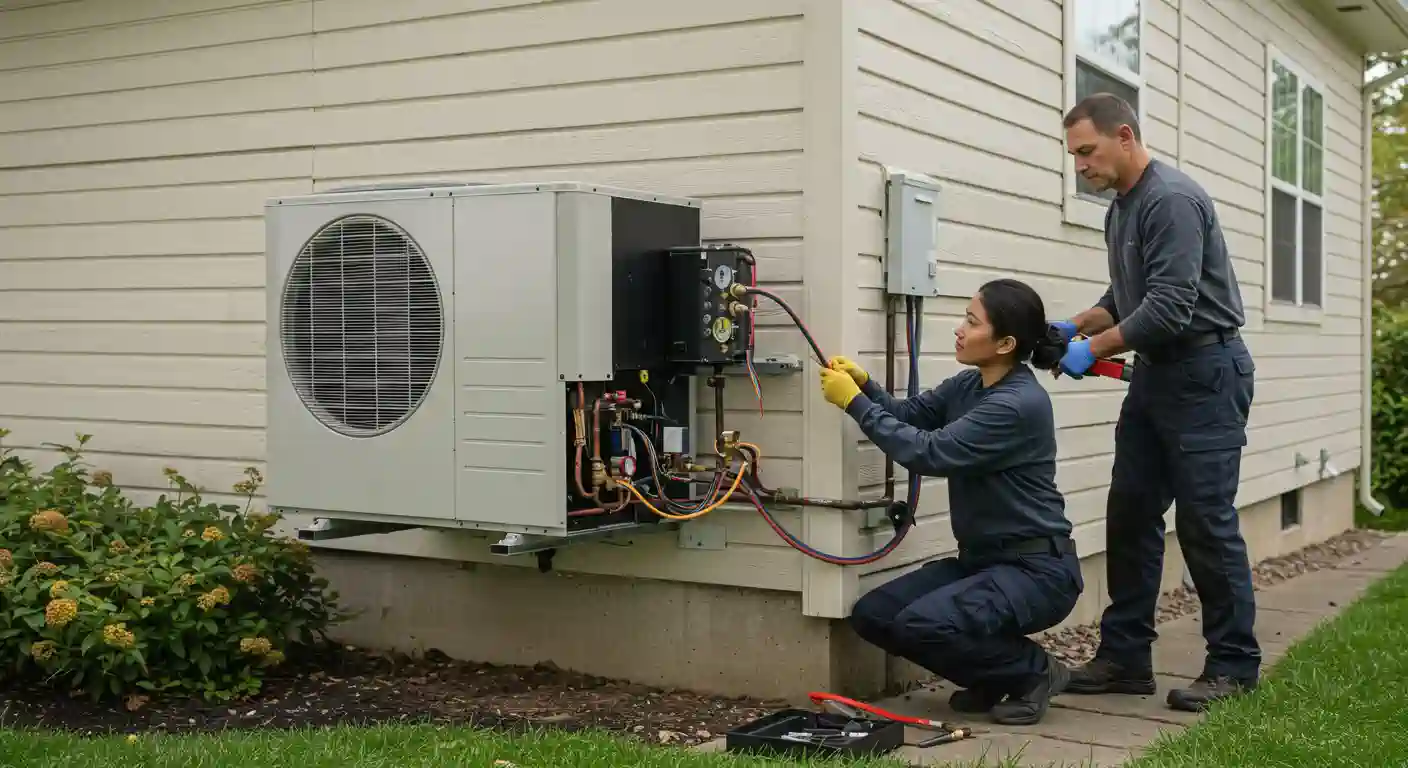 An eye-level outdoor shot depicts two technicians, a man and a woman, dressed in dark blue work uniforms, performing maintenance or installation on an outdoor heat pump unit. The unit is light grey with a prominent circular fan grille and is mounted on the side of a light-colored building with horizontal siding.