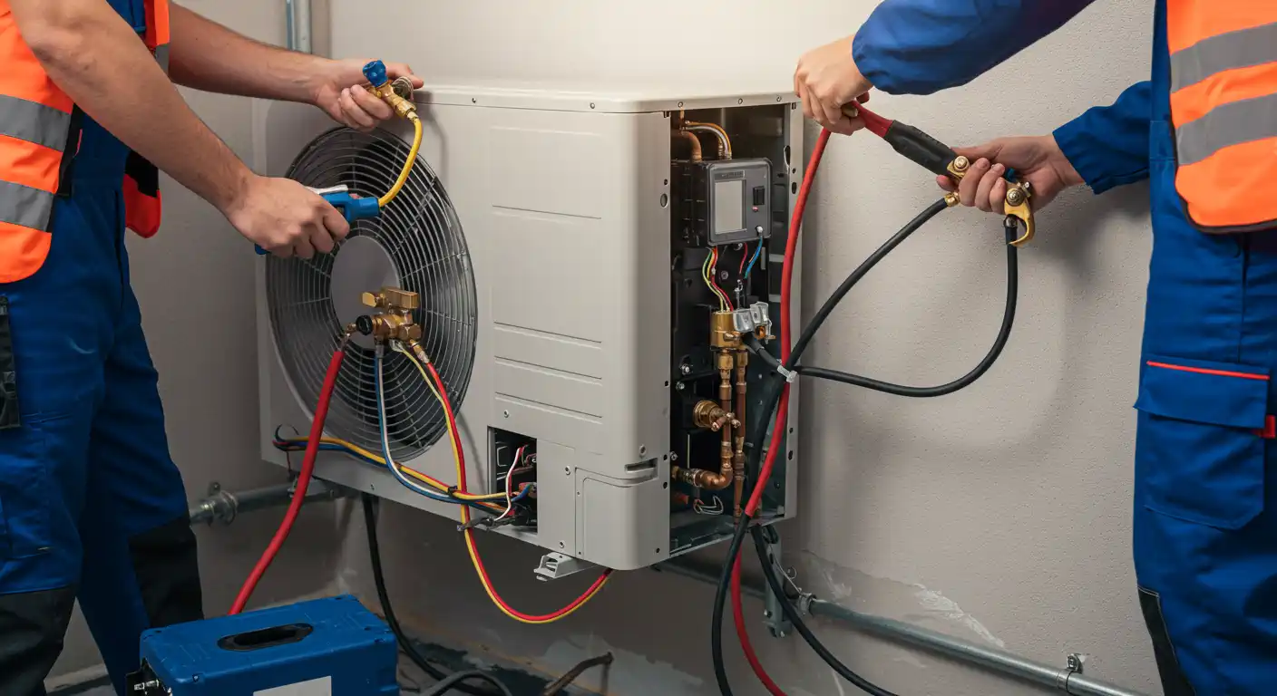 A close-up shot focuses on the hands and upper torsos of two technicians working on an indoor heat pump unit. The unit, off-white and rectangular, is mounted on a light-colored wall. It features a prominent circular fan grille on its left side and an open panel on its right, revealing an intricate network of copper pipes, electrical wiring, and internal components.