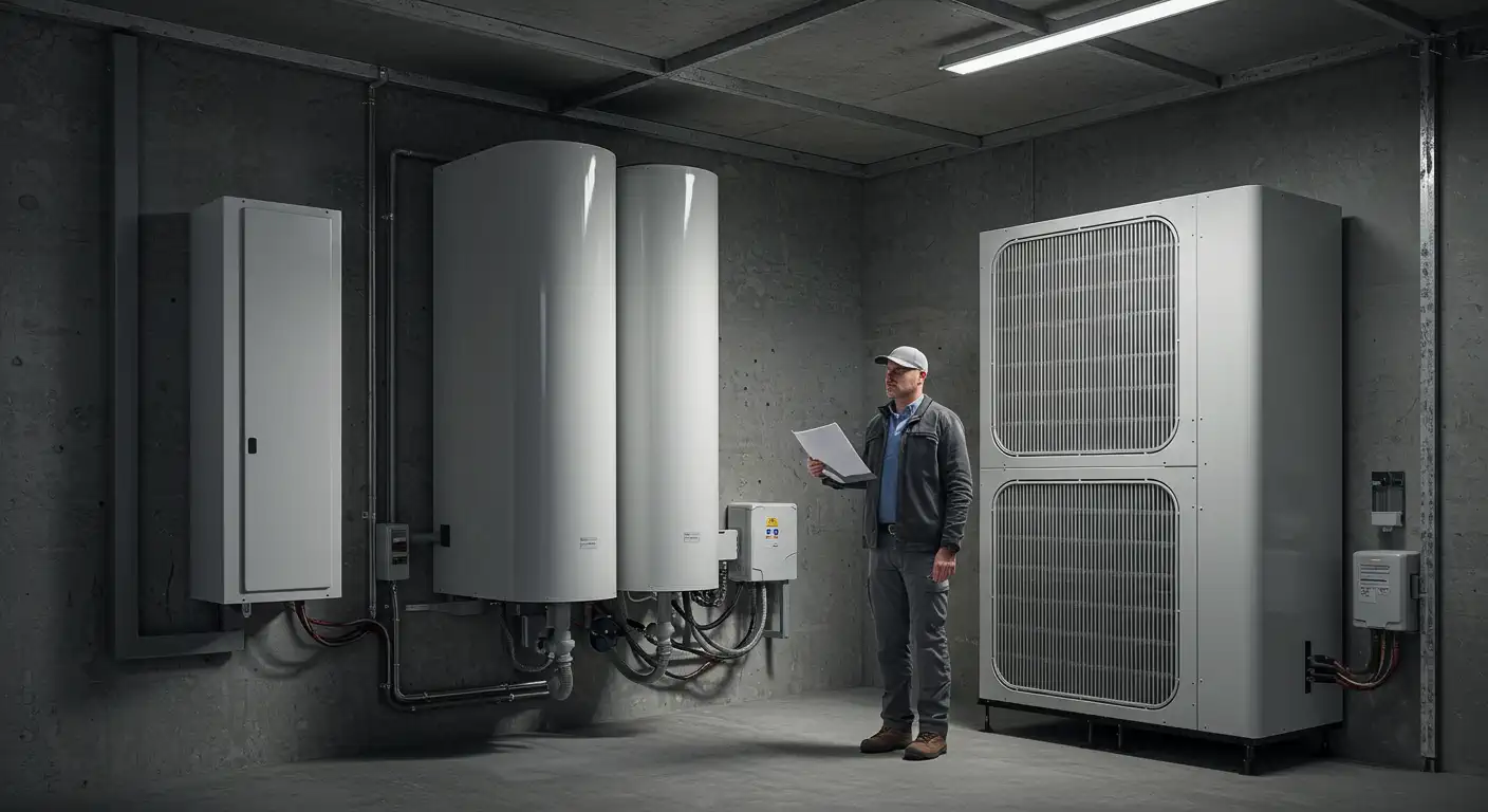 A full-shot image captures a male technician standing in a concrete-walled room, seemingly a utility space or basement, equipped with multiple large heat pump units and tanks. The man, wearing a baseball cap, grey jacket, and trousers, is holding and examining some papers.