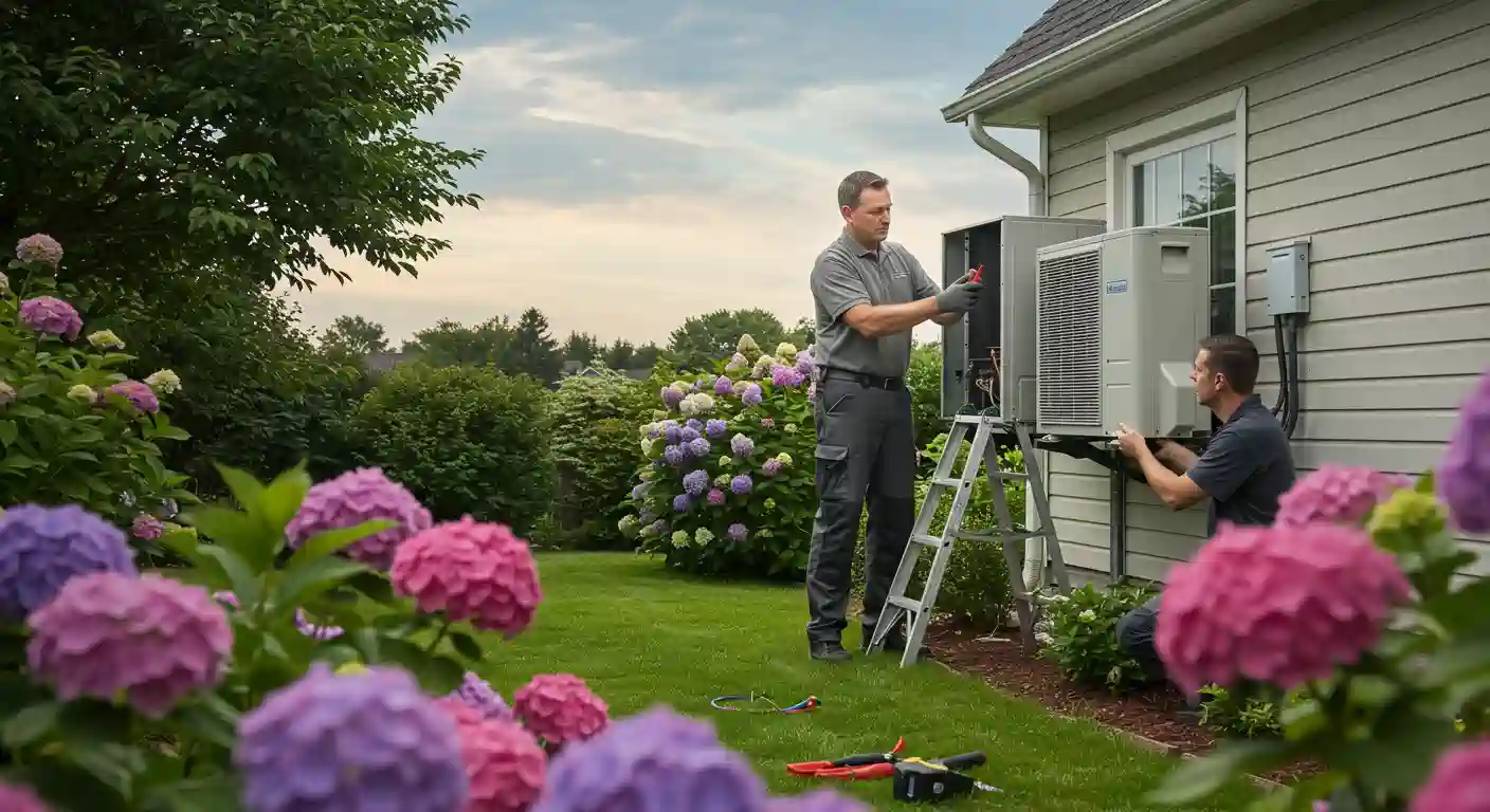 Two technicians install an air conditioning/heat pump unit on a house, surrounded by colorful hydrangea flowers and lush greenery.