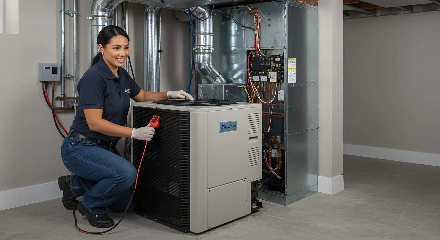 A smiling female HVAC technician in a dark blue polo shirt, jeans, and white gloves is crouched beside a new, beige indoor heat pump unit, holding a diagnostic tool. The unit is connected to a larger metal furnace and ductwork in what appears to be a basement or utility room. Various wires, pipes, and electrical boxes are visible on the wall and furnace.
