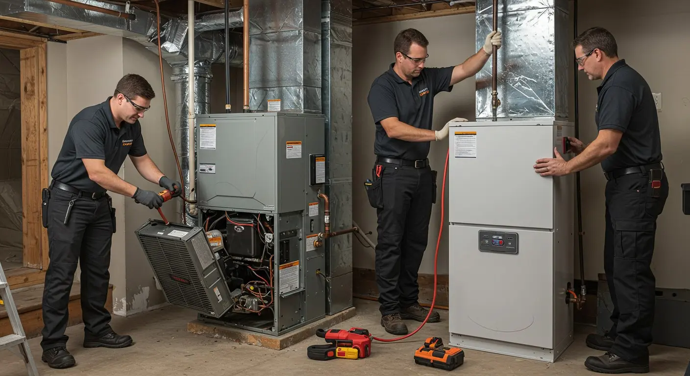 Three men installing furnaces in basement.