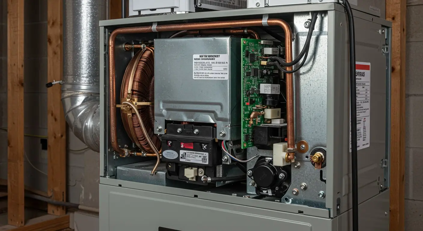 Interior view of furnace components.