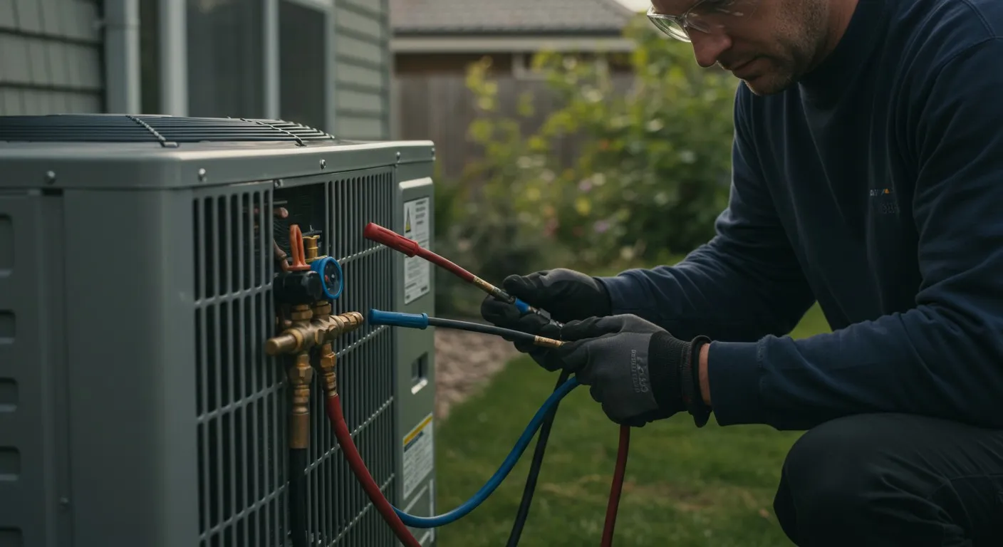 Man connecting gauges to heat pump.