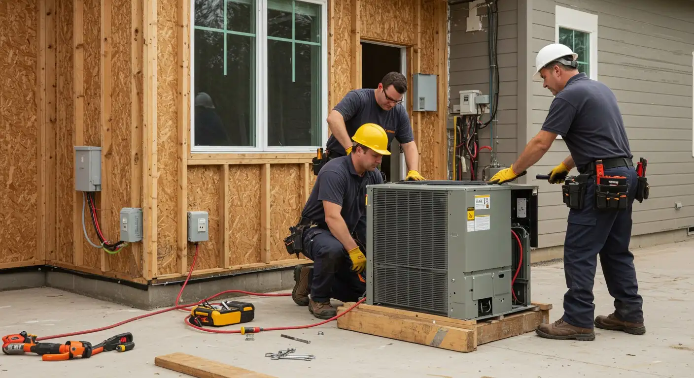 Three men installing an HVAC unit.