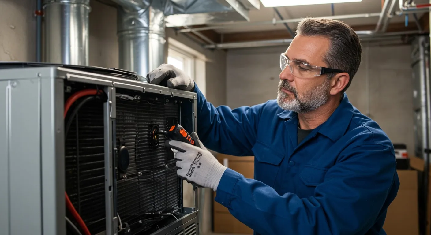 Man inspecting internal AC components.