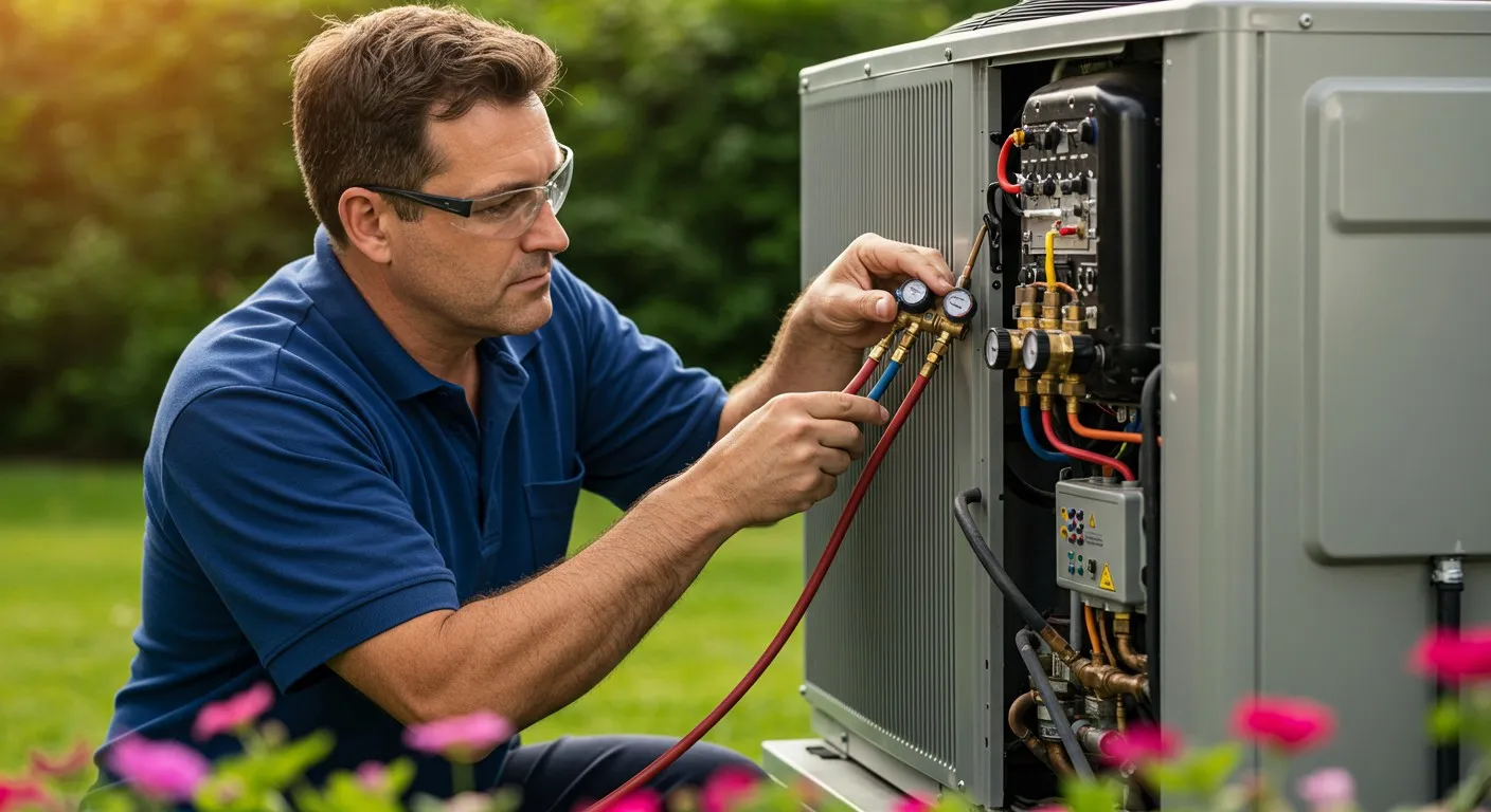 Man performing heat pump maintenance.