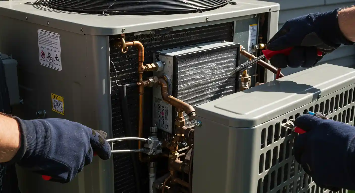 A close-up view of two technicians' gloved hands, one on each side, working on the exposed internal components of an outdoor HVAC unit. The grey unit is open, revealing copper pipes, a heat exchanger coil, and a smaller grey component being installed or serviced. The hands are holding tools, appearing to connect or disconnect parts.