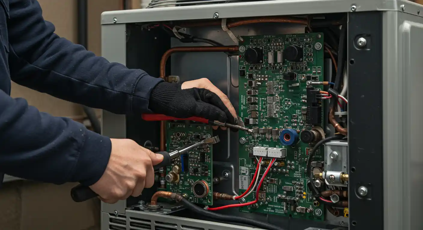 A close-up shot of a technician's hands wearing black gloves, working on the intricate green circuit boards inside an open HVAC unit. The technician is holding a screwdriver, appearing to adjust or repair components, with copper piping and various wires visible around the circuit boards.