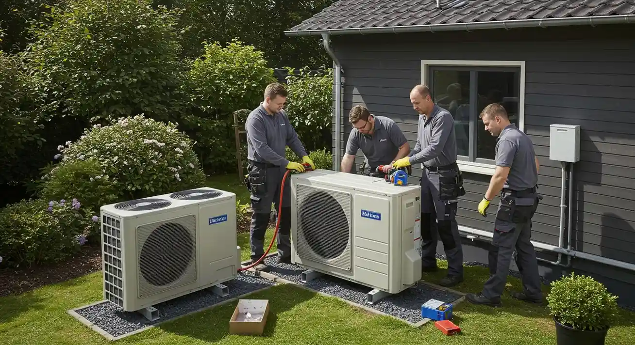 Four men installing outdoor heat pumps.