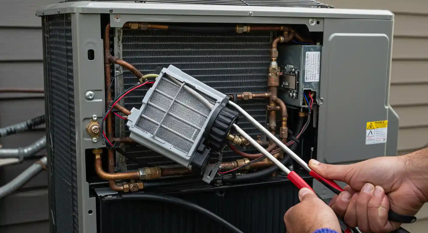 A close-up view of a technician's hands holding a tool with red handles, working on the exposed internal components of an outdoor HVAC unit. A rectangular grey filter or component is being adjusted or removed, revealing copper piping, a large finned coil, and various wires inside the grey unit.