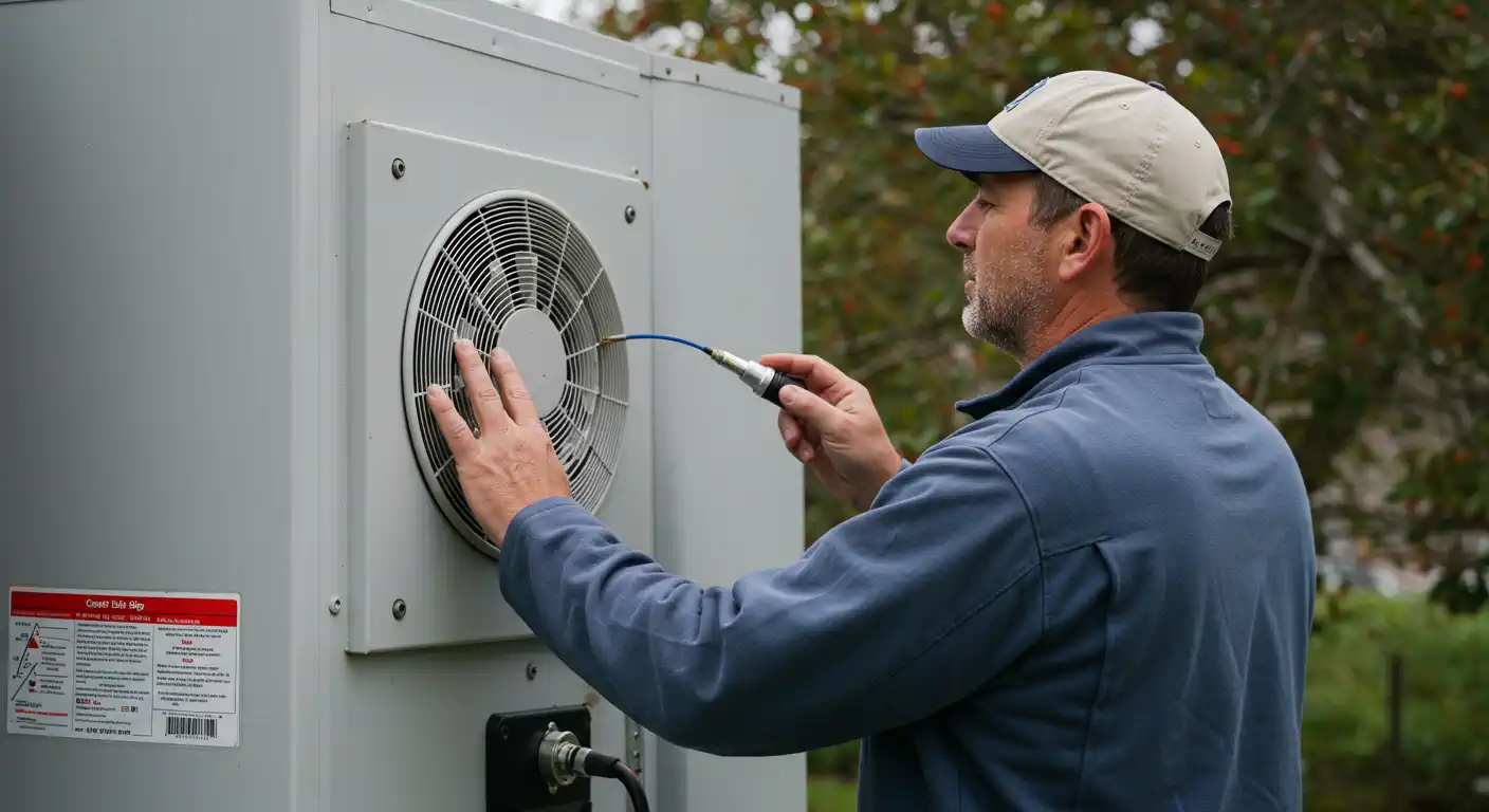 A male technician wearing a beige cap and a blue long-sleeved shirt is performing a tune-up on an outdoor HVAC unit. He is using a specialized tool to check the fan on the side of the light grey unit, with his other hand resting on the fan grille. The background shows blurred greenery.