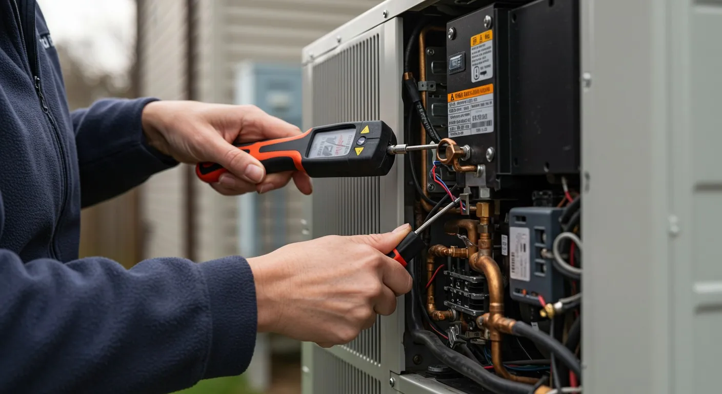 Person testing outdoor heat pump.