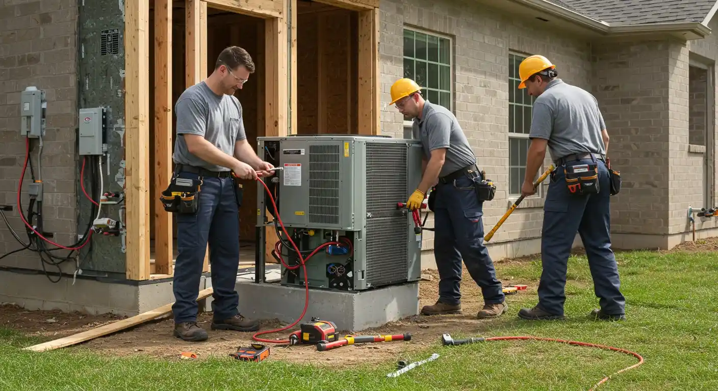 Three men installing outdoor HVAC unit.