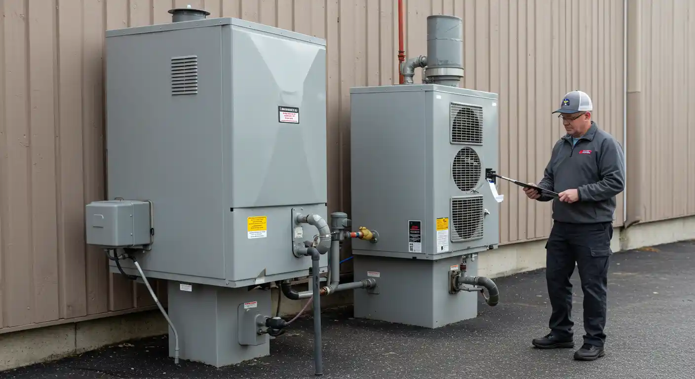 A male technician wearing a grey zip-up jacket and a baseball cap is standing outside next to two large grey commercial HVAC or heat pump units. He is holding a clipboard and pen, appearing to inspect or take notes on the unit on the right, which has two gridded fans on its side. The units are against a light brown corrugated wall.