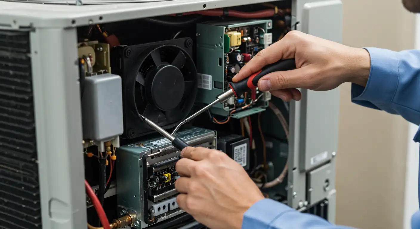 A close-up view of a technician's hands, wearing light blue sleeves, using screwdrivers to work on the internal components of an open HVAC unit. A black fan is visible in the center, surrounded by circuit boards, wires, and various metal and electronic parts.