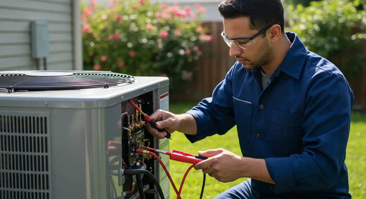 A male technician wearing a dark blue uniform and clear safety glasses is crouched down, using a multimeter with red and black probes to test the electrical connections inside an open outdoor HVAC unit. The grey unit has a fan on top, and green grass with blurred pink flowers is visible in the background.