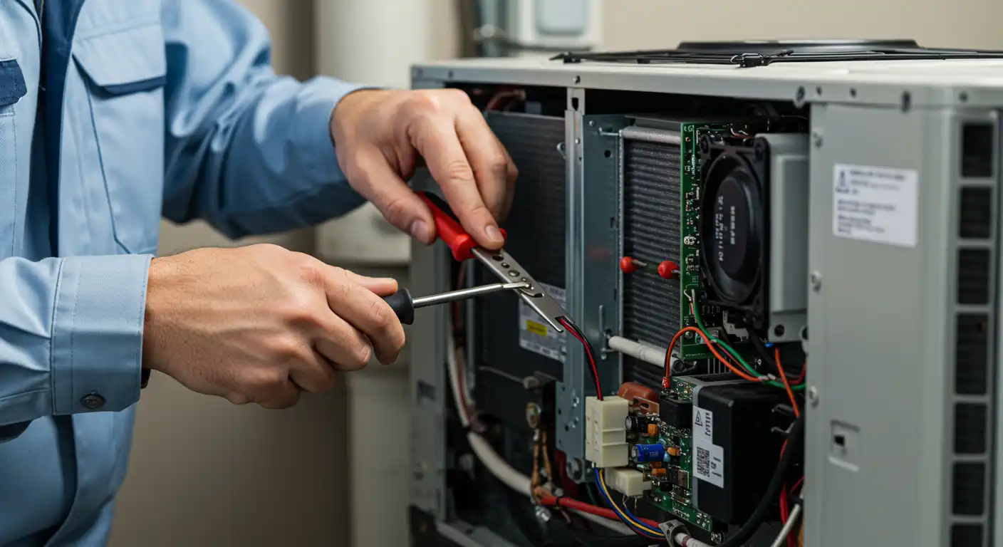 A close-up view of a technician's hands, wearing light blue sleeves, using a screwdriver to adjust components within the exposed interior of an HVAC unit. The unit is open, revealing a black fan, circuit boards with various wires, and metallic fins, indicating internal maintenance or repair work.