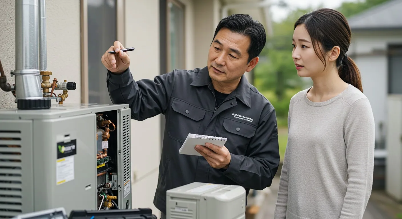 Technician explaining outdoor heater to woman.