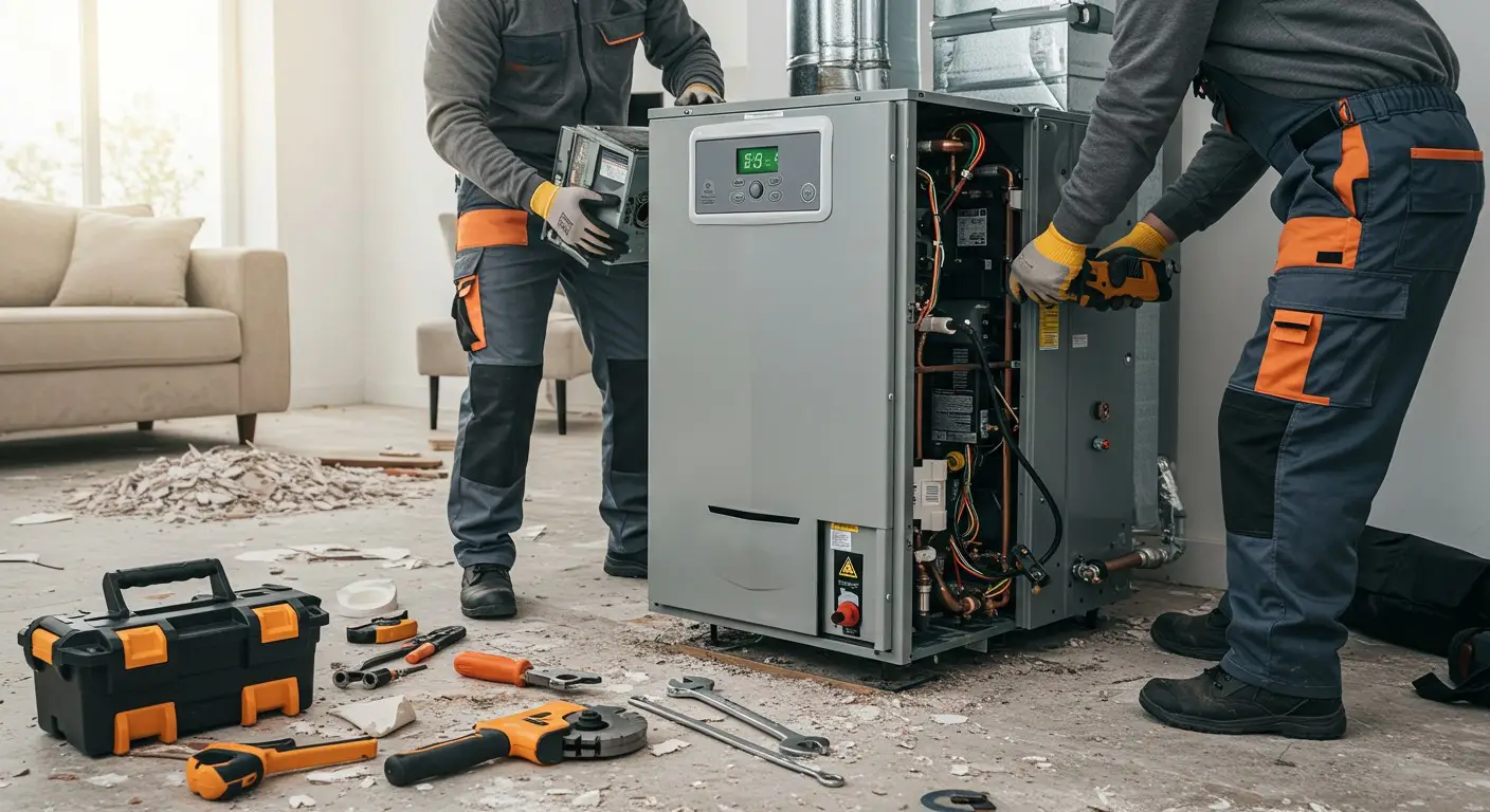 Two men replacing a heating unit.