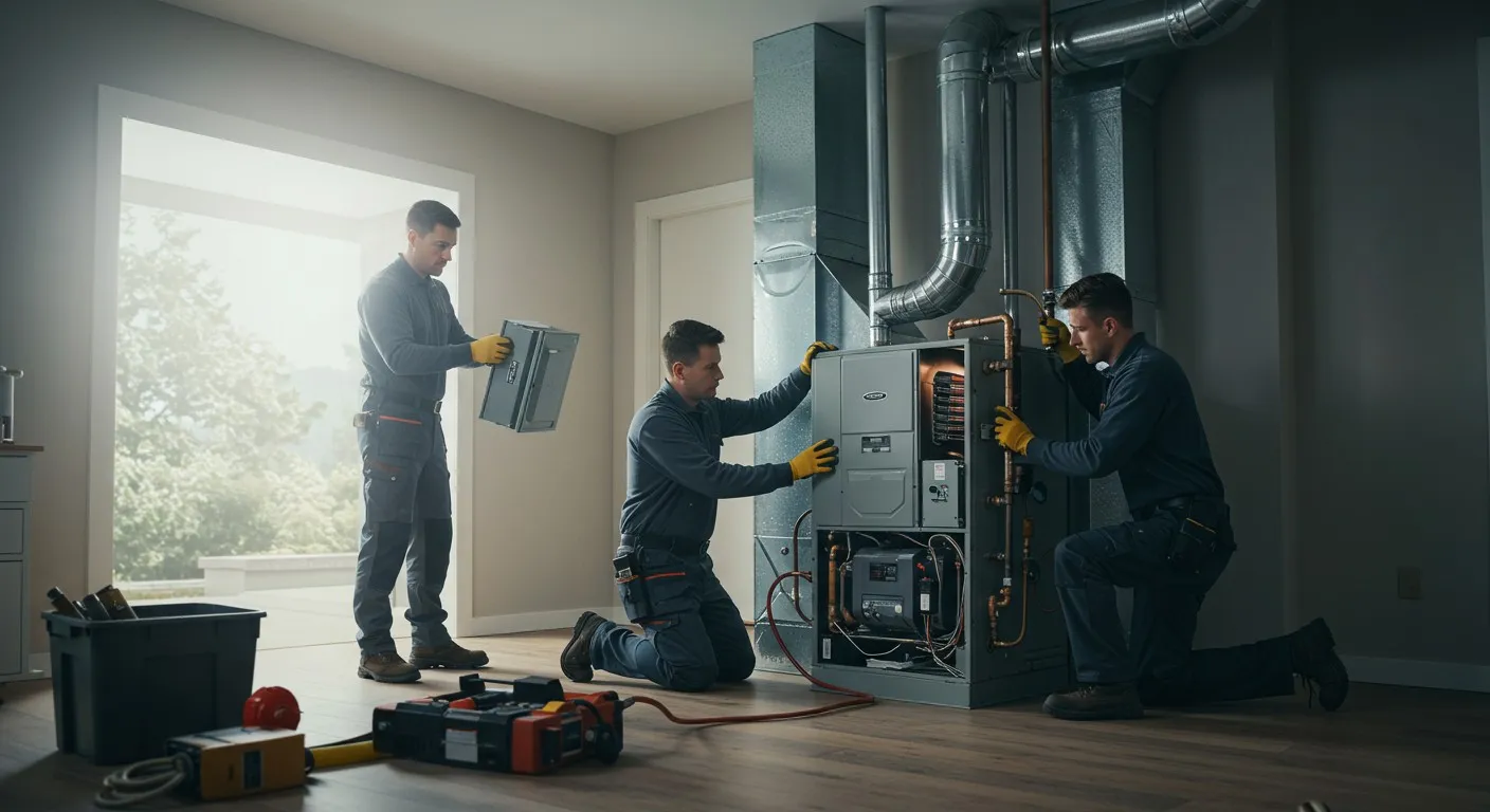 Three men replacing a heating unit.