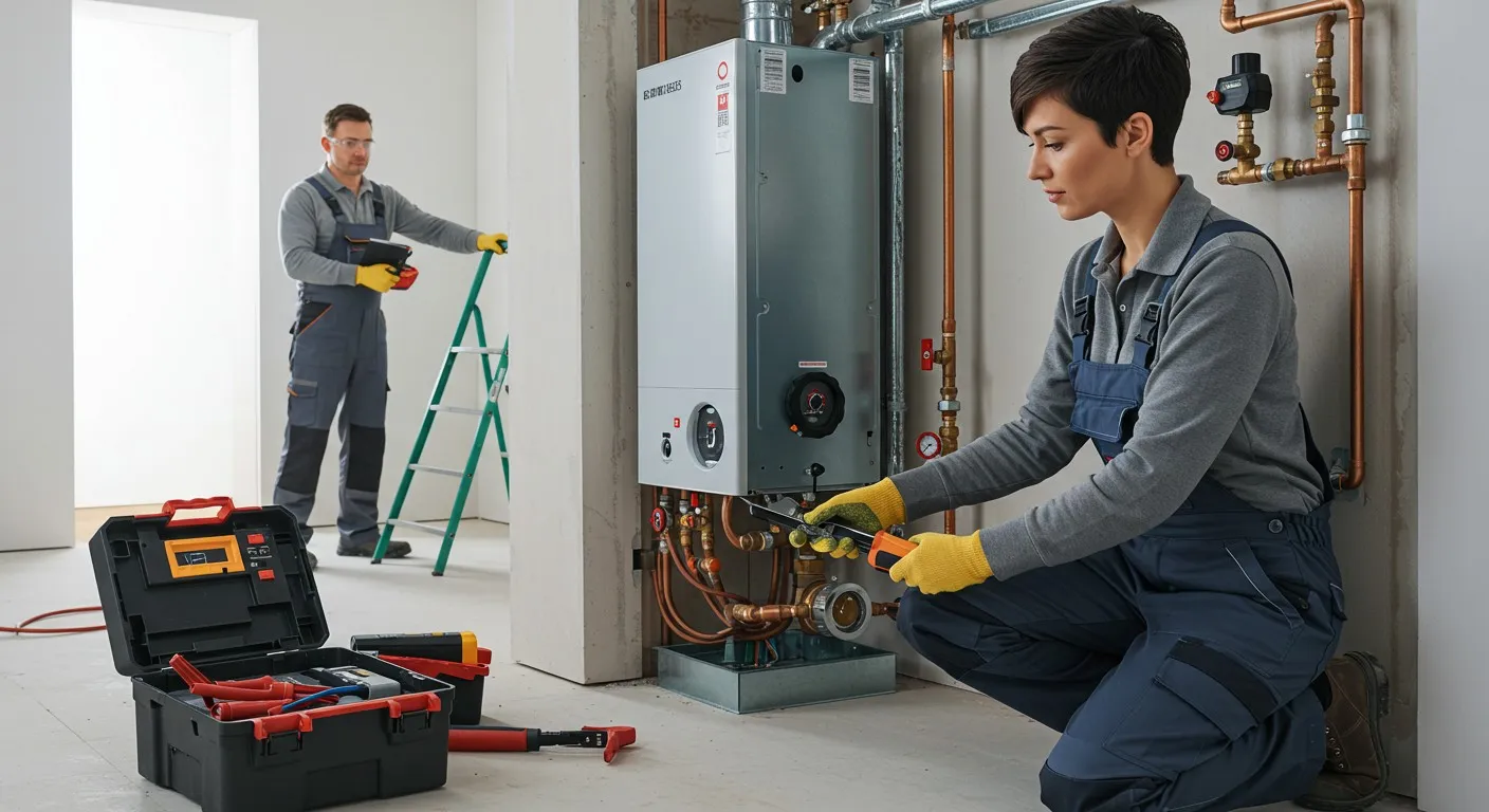 Two technicians installing a water heater.