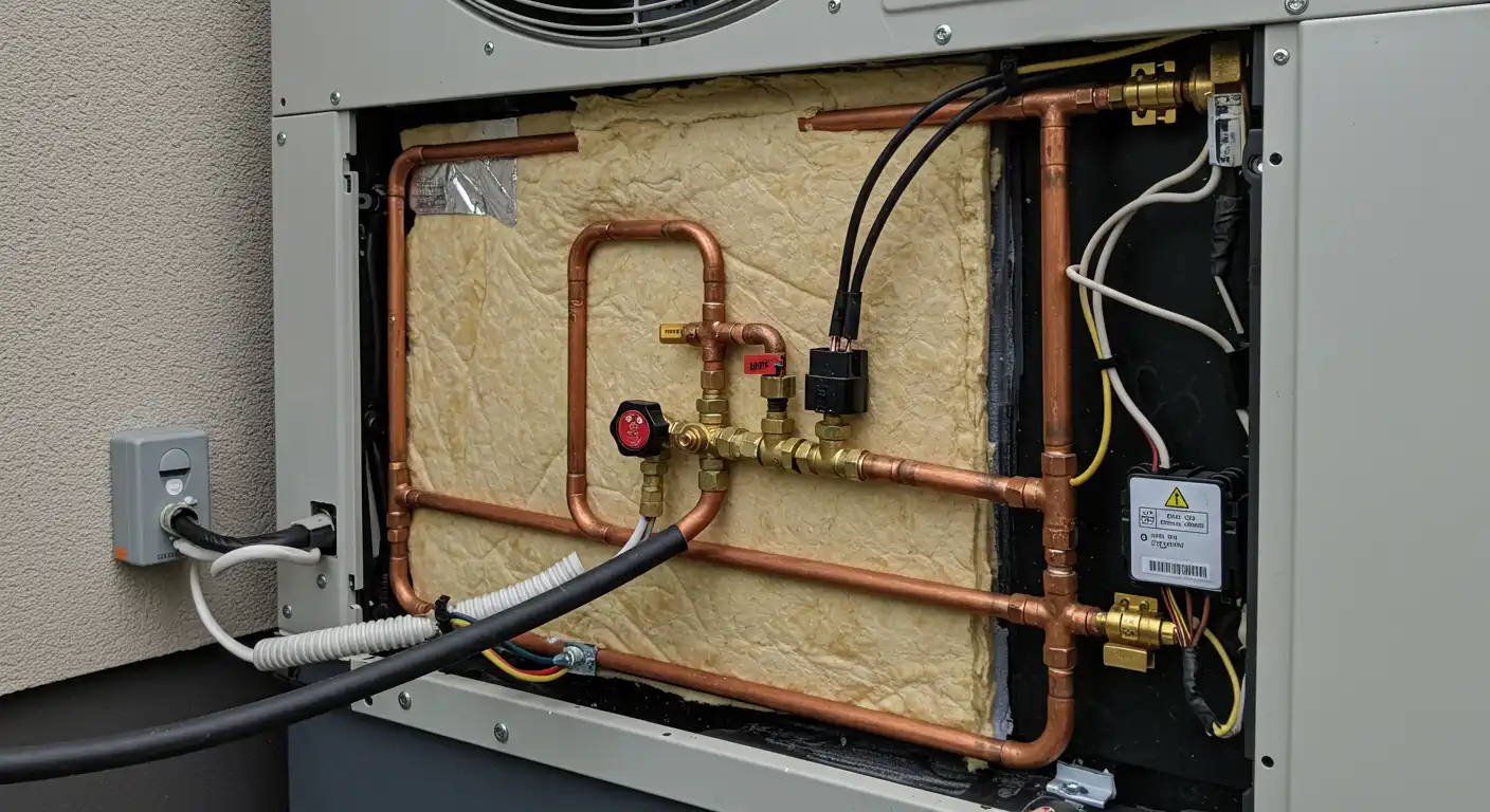 A close-up view of the exposed internal components of an outdoor heat pump unit, revealing an intricate network of copper pipes, brass valves with red and yellow handles, and electrical wiring against a background of light brown insulation.