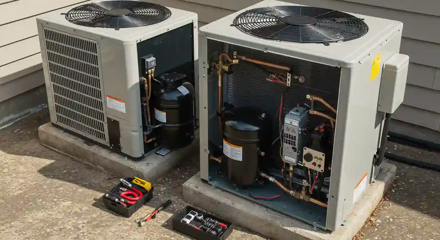 Two grey outdoor HVAC units are shown on a concrete slab next to a building with light-colored siding. The unit on the left is mostly closed, while the unit on the right has its side panel removed, exposing internal components including a black compressor, copper piping, and electrical wiring. Various tools are laid out on the concrete in front of the units.