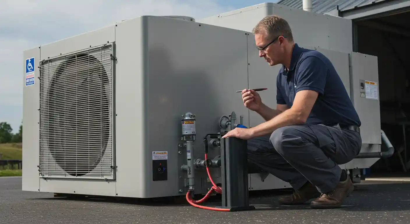 A male technician wearing glasses, a dark blue polo shirt, and grey pants is crouched beside a large, grey commercial heat pump unit outdoors. He is intently examining a component on the side of the unit with a small tool in his hand.