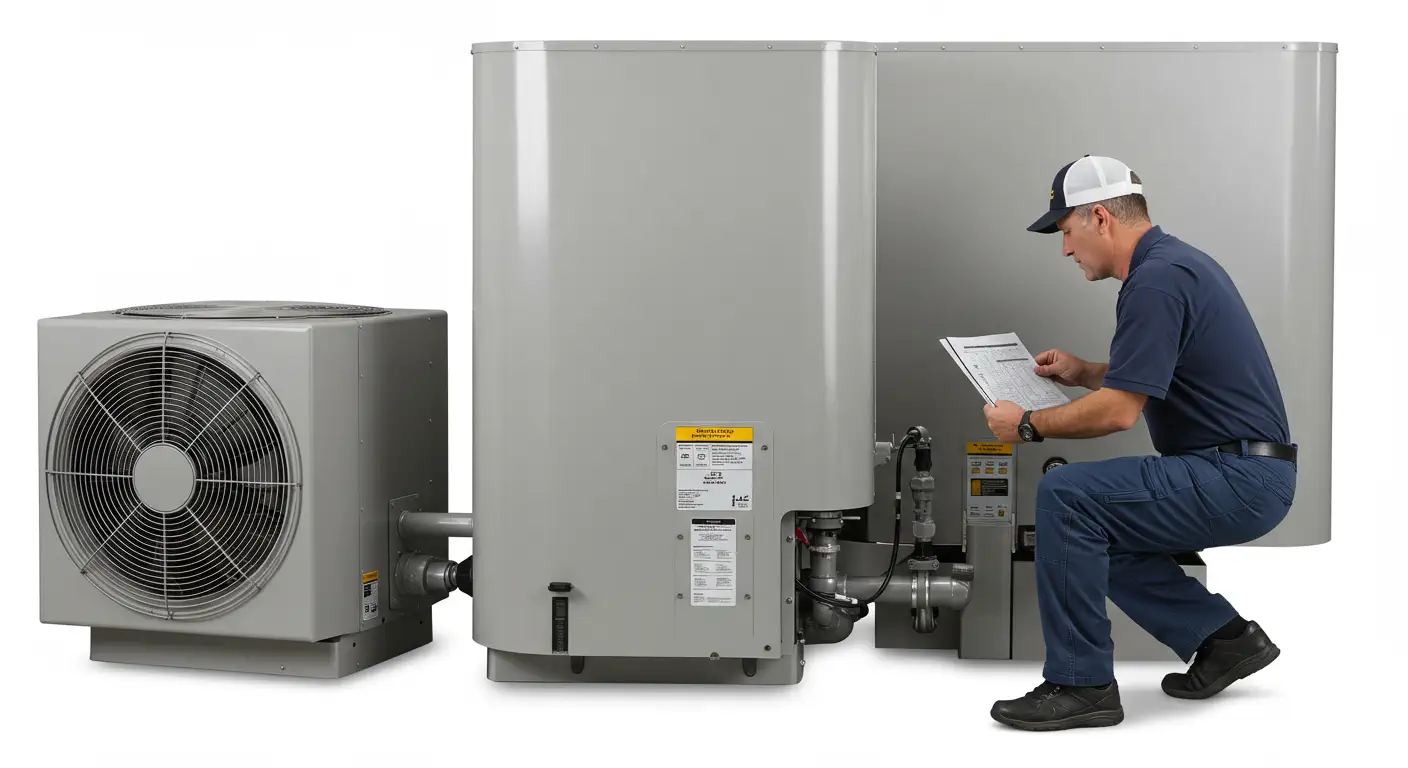 A male technician wearing a dark blue polo shirt, jeans, and a white and blue baseball cap is seated next to a large, light grey outdoor commercial HVAC or heat pump system. He is holding and reviewing a checklist or manual.