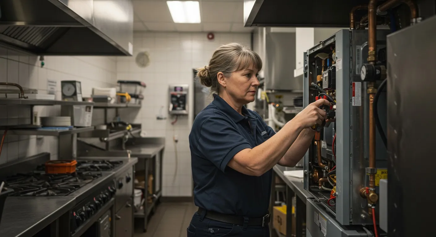Woman technician working in commercial kitchen.