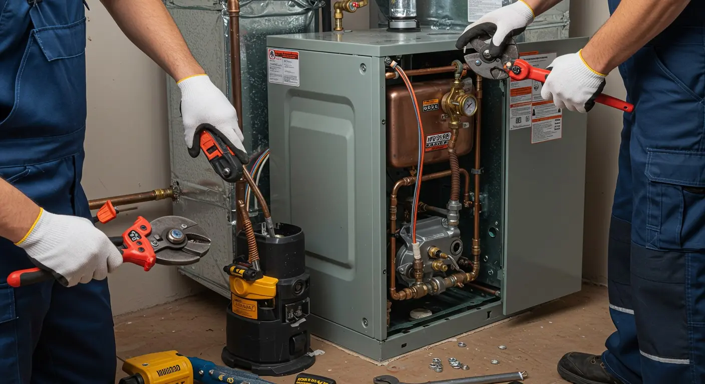 Two people replacing heating system components.