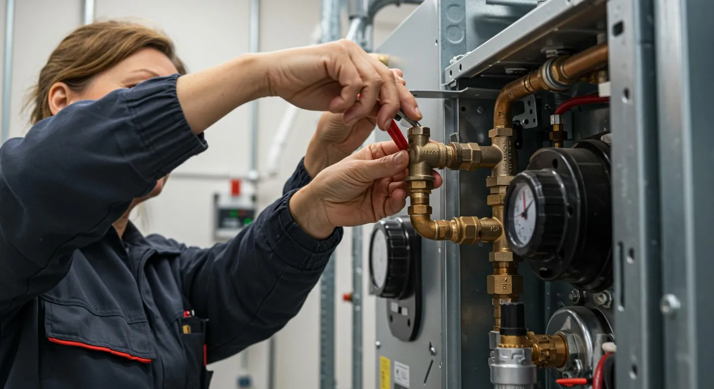 Woman tightening valve on heating system.