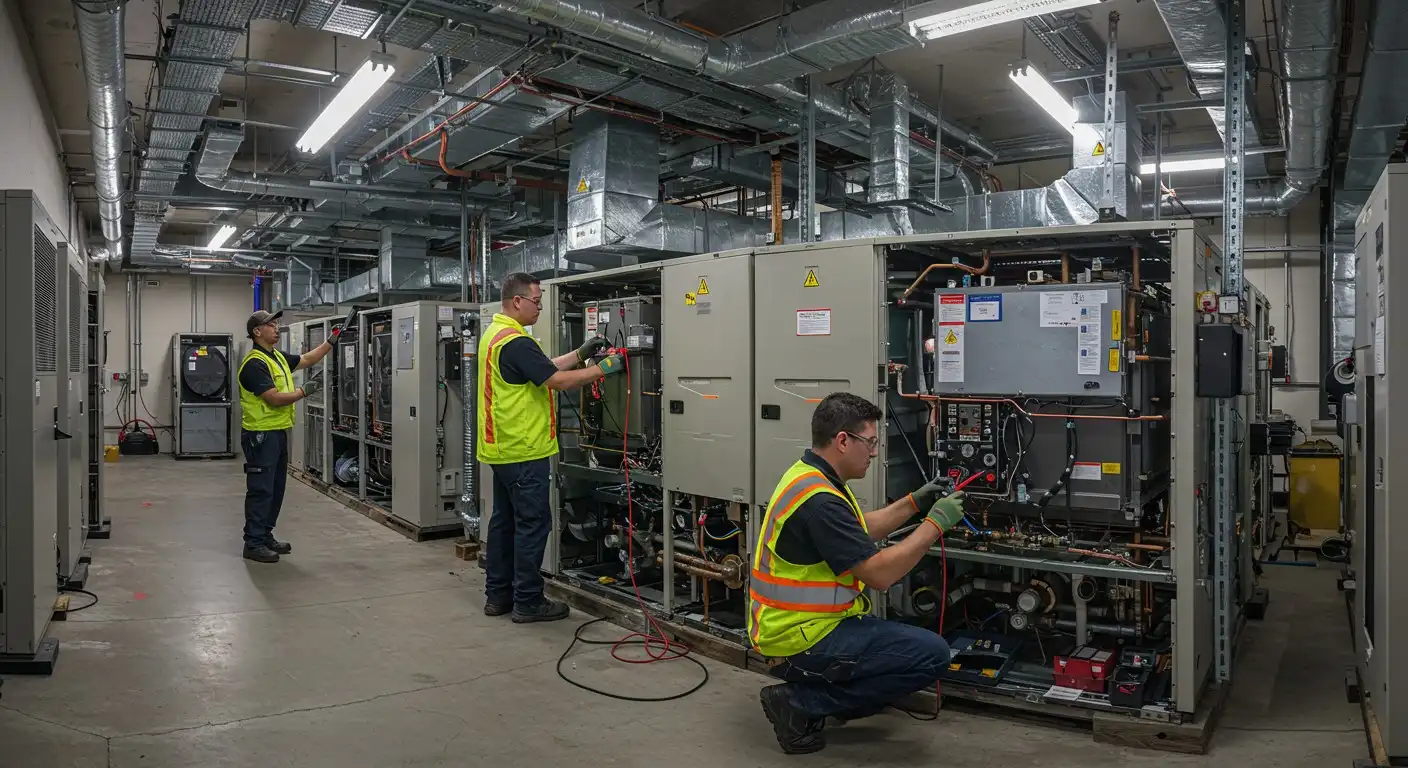 Three technicians servicing large HVAC systems.
