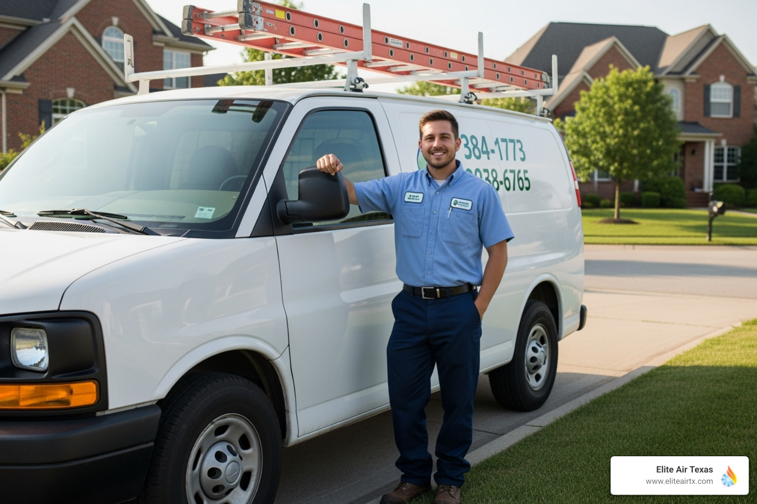 A friendly, professional technician standing next to a service van - ac repair and service