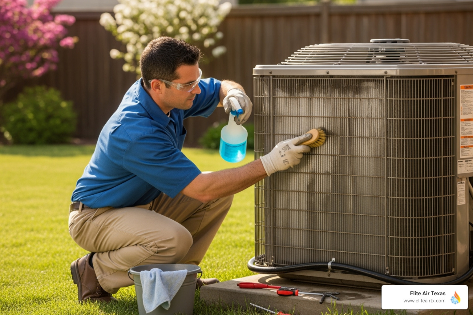 A technician cleaning the coils of an outdoor AC unit - ac repair and service