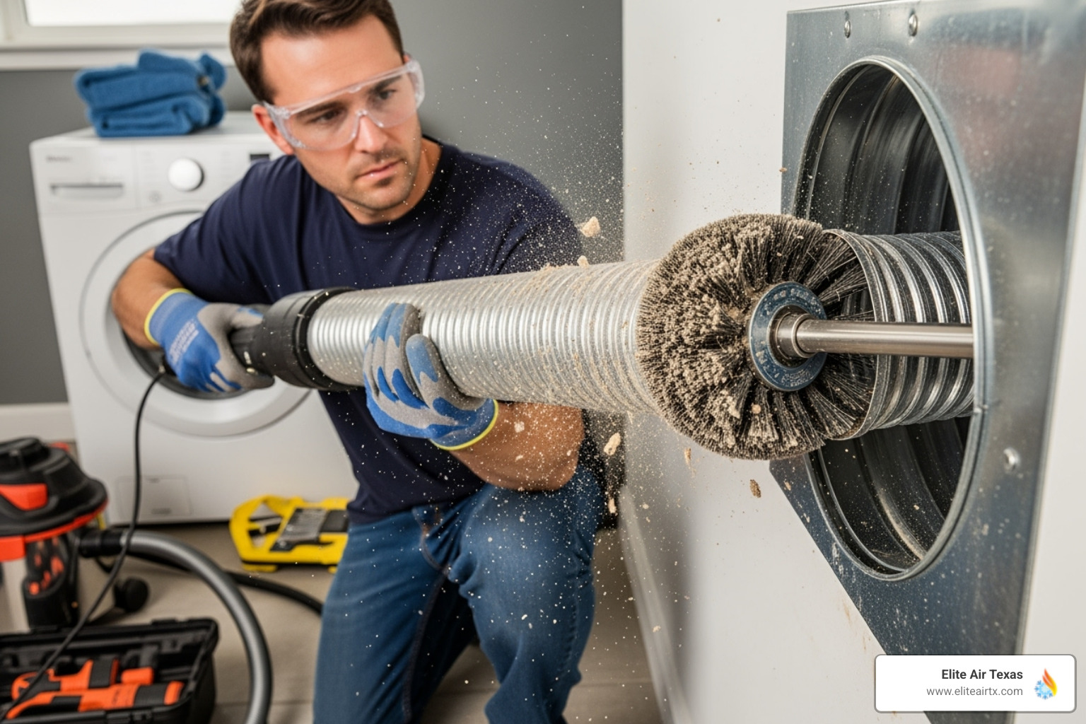 A professional technician uses a specialized rotary brush tool to clean the inside of a dryer vent - dryer vent cleaning near me