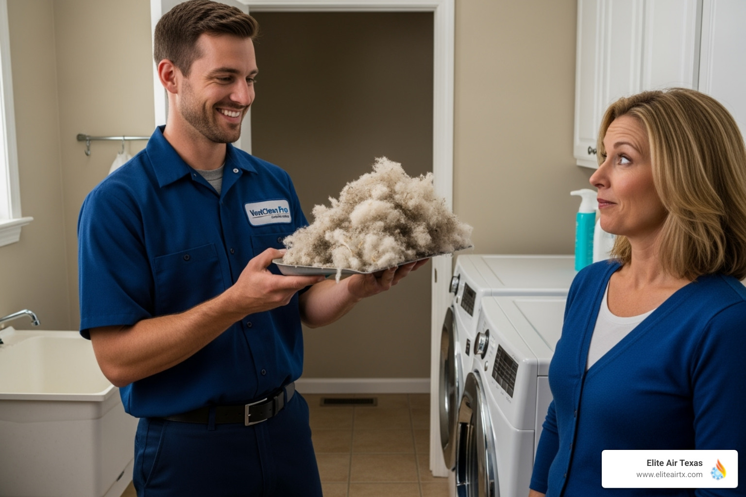 A friendly technician shows a customer the large amount of lint that was removed from their dryer vent, demonstrating the effectiveness of the cleaning service. - dryer vent cleaning near me