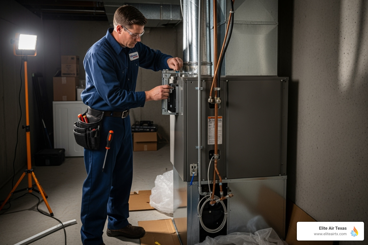 uniformed technician installing indoor air handler - ac installation arlington tx