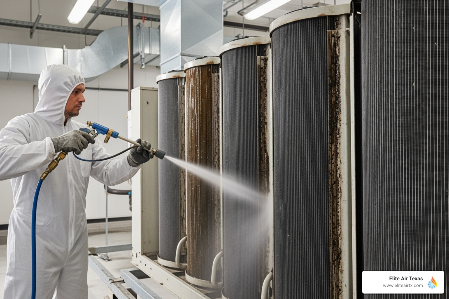 Commercial AC technician cleaning a large commercial AC coil - air conditioner Dallas