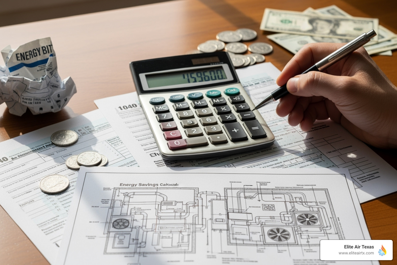 Calculator, tax forms, and HVAC schematic - commercial hvac rebates dallas tx
