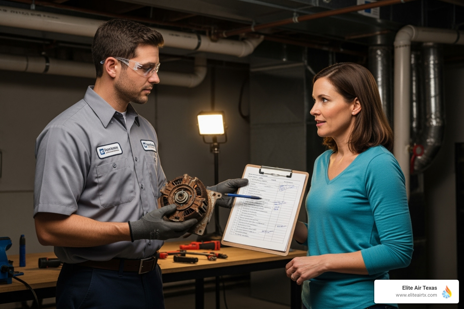 Professional technician showing a homeowner a part on a clipboard - 24 hour HVAC Dallas