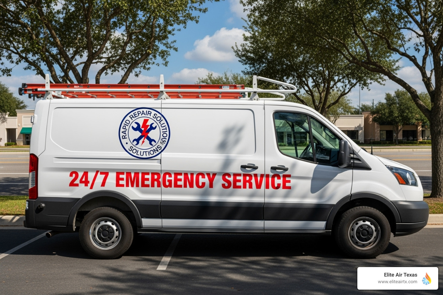 Branded service van with "24/7 Emergency Service" on the side - 24 hour HVAC Dallas