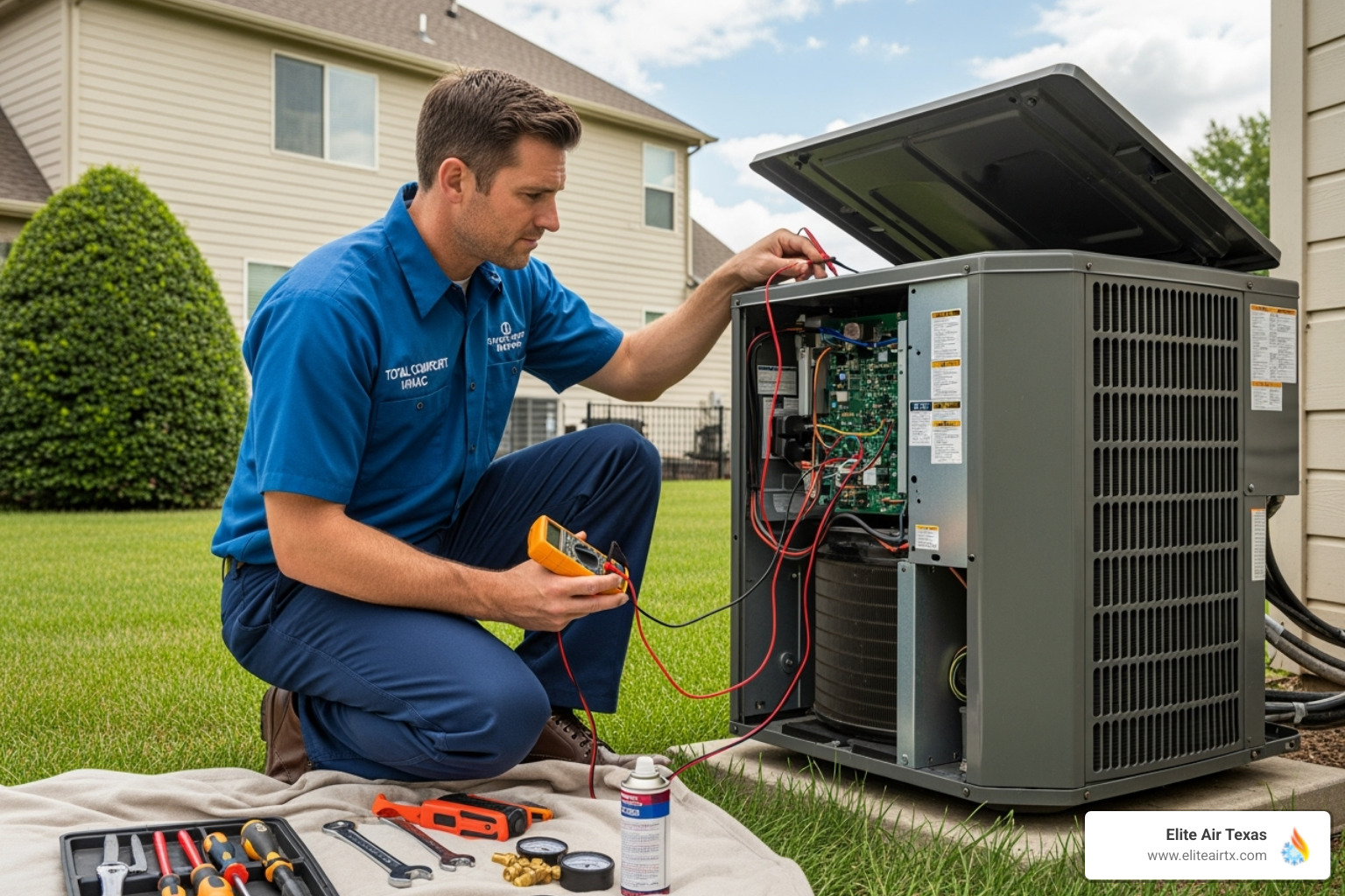 Professional technician diagnosing an outdoor AC unit - ac repair mesquite tx