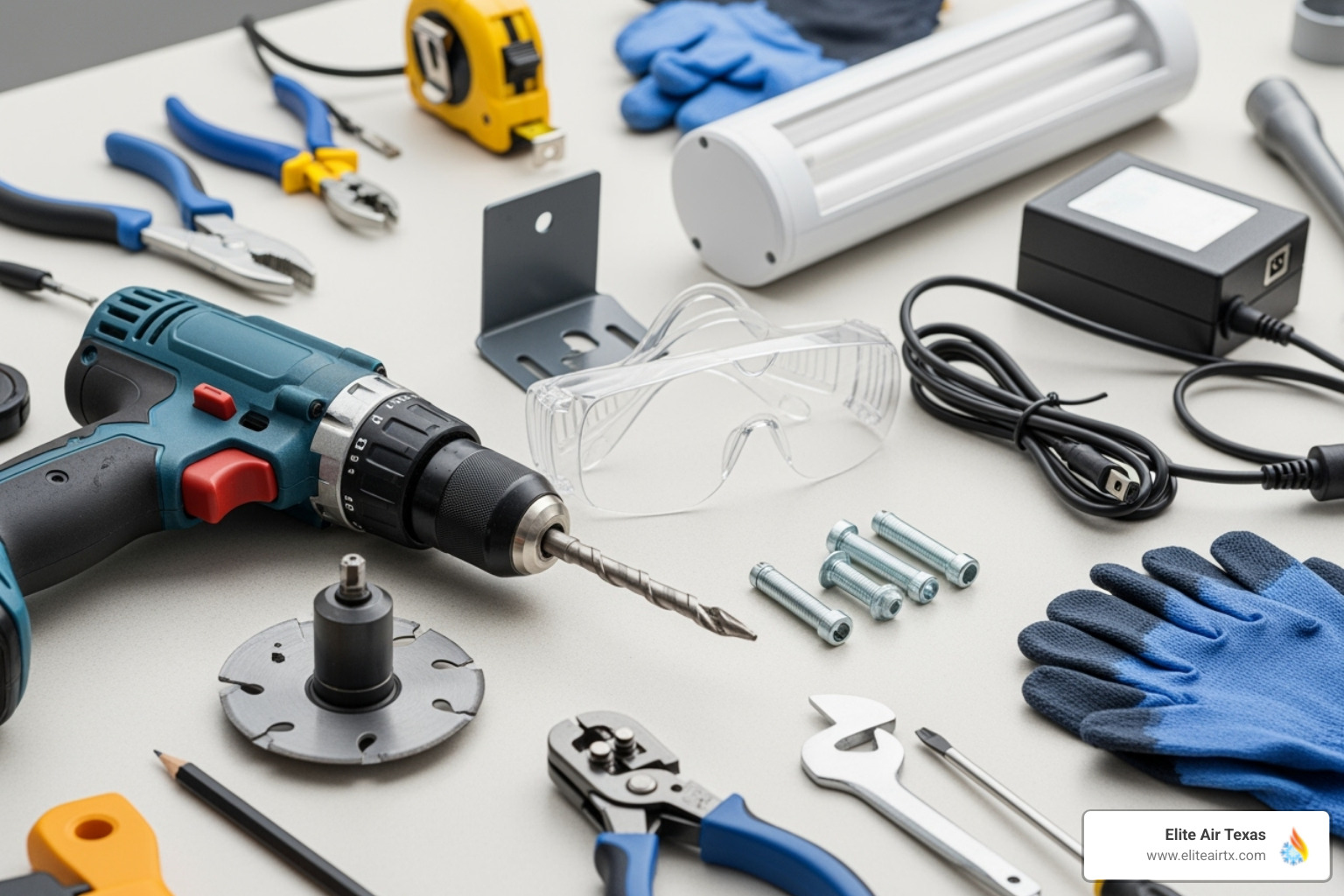 Collection of tools for HVAC UV light installation, including a drill, hole saw, safety glasses, gloves, and a UV light kit - UV light installation HVAC