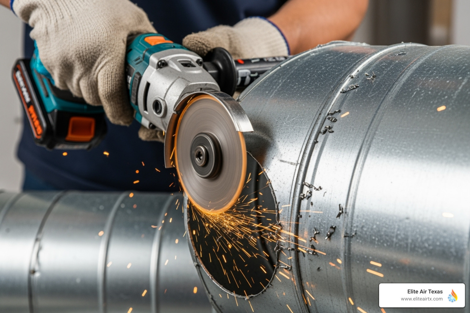 Drilling a hole into ductwork with a hole saw - UV light installation HVAC